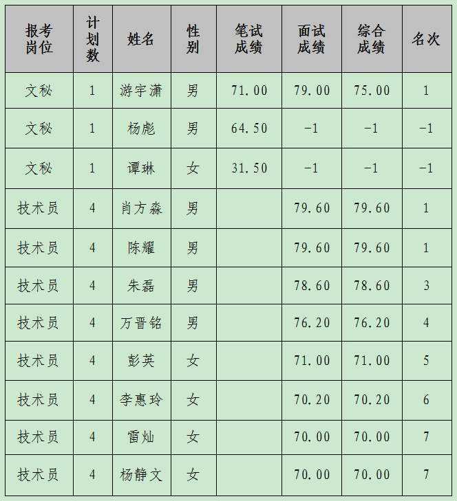 公开招聘工作人员综合成绩及排名公告